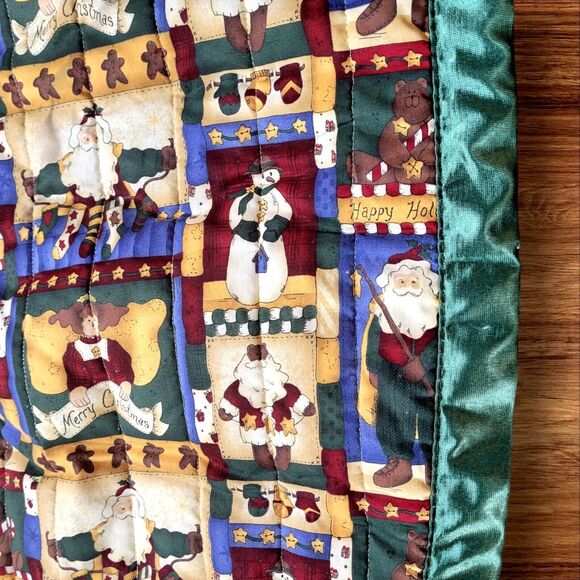 Vintage Christmas Tree Skirt Santa Angels Snowmen Green Red 58" Handmade Large - Picture 6 of 9